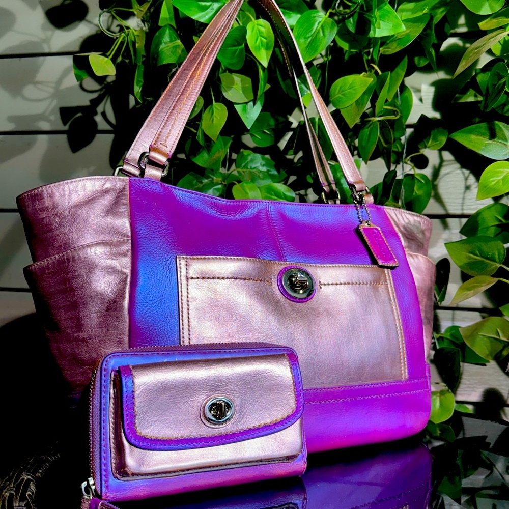 IRIDESCENT Fushia & MIRRORED Mauve Leather Large Coach Parker Purse & Wallet